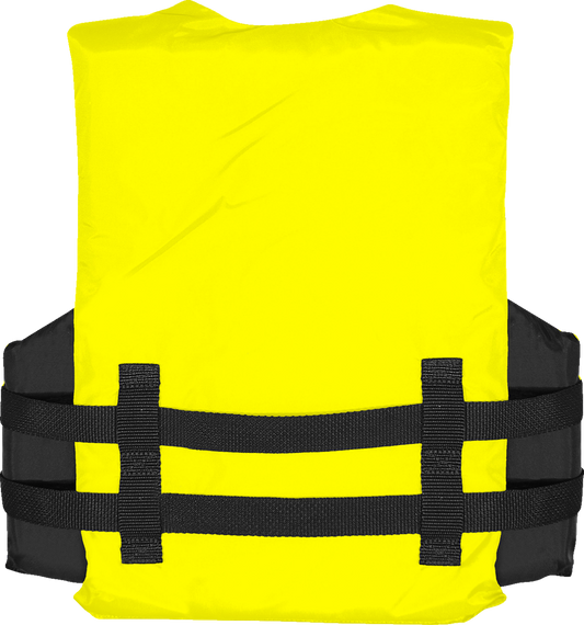 Yellow AIRHEAD SPORTS GROUP youth family water vest with adjustable straps and foam padding, designed for safe water activities.