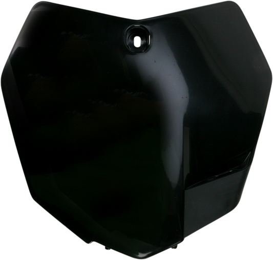 A black Acerbis front number plate for motorcycles, with mounting holes and a sleek body design.