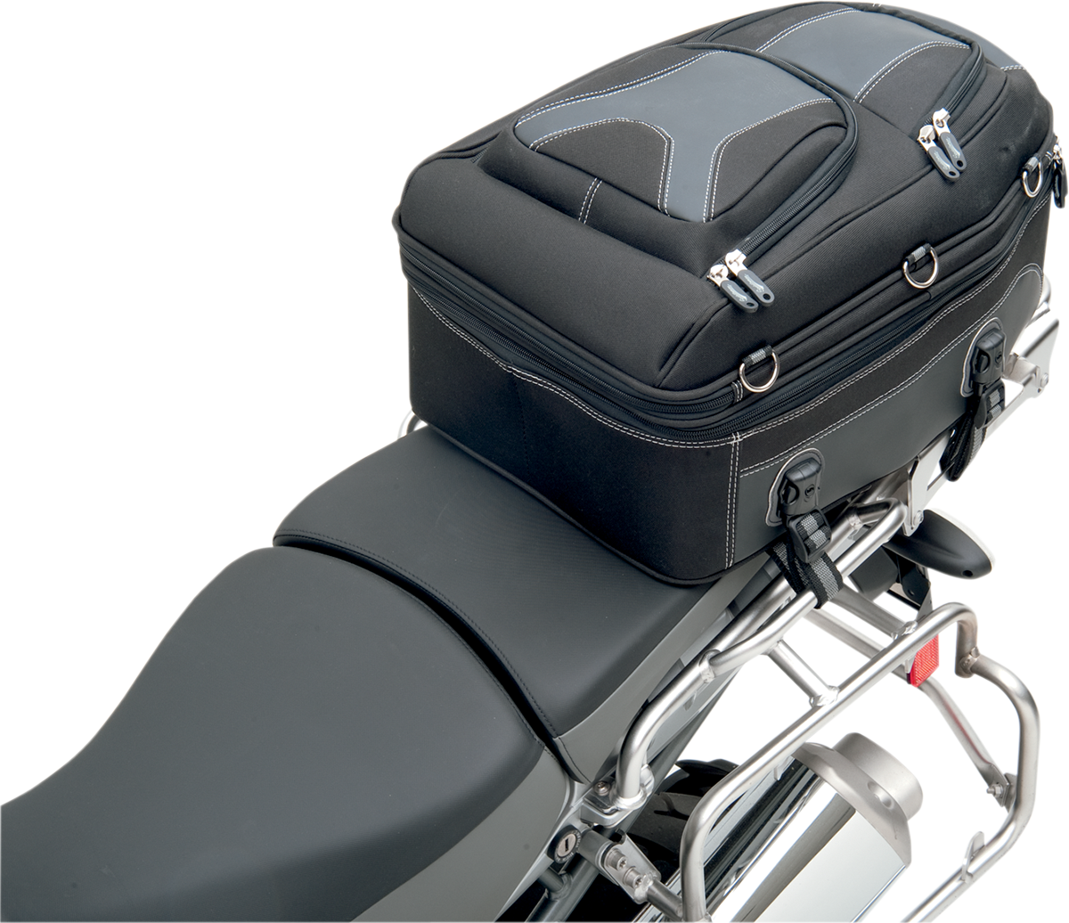 Bill's Exhausts Saddlemens Pillion and Rear Rack Luggage Bag attached to motorcycle seat and rear rack, black durable storage accessory.
