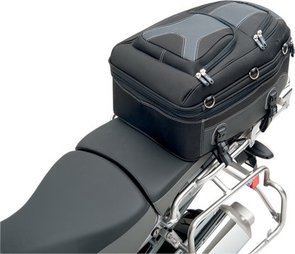Bill's Exhausts Saddlemens Pillion and Rear Rack Luggage Bag attached to motorcycle seat and rear rack, black durable storage accessory.