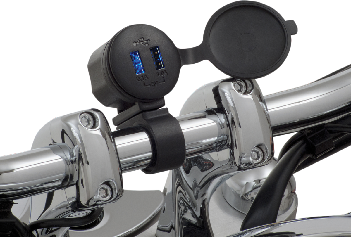 Bill's Exhausts SHOW CHROME Dual USB Port engine component with chrome finish and dual USB ports for vehicle charging.