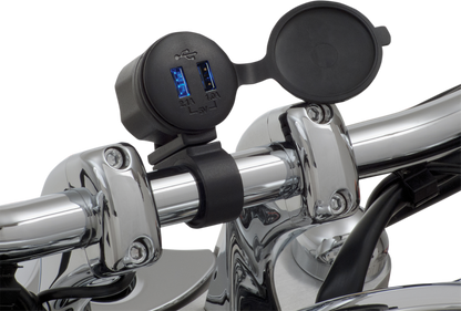 Bill's Exhausts SHOW CHROME Dual USB Port engine component with chrome finish and dual USB ports for vehicle charging.