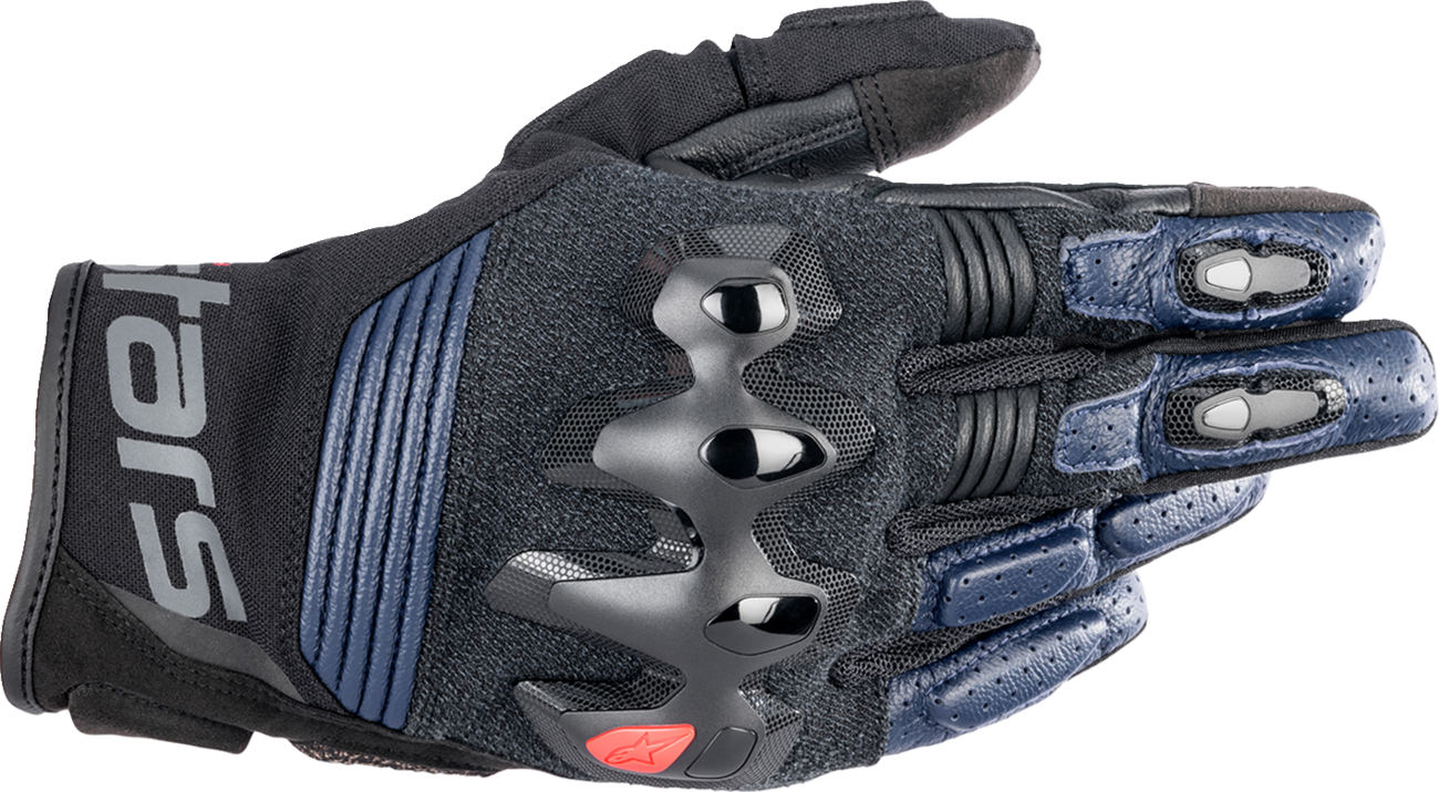 Alpinestars Halo motorcycle gloves in dark blue and black, medium size, showing the protective design and brand logo.