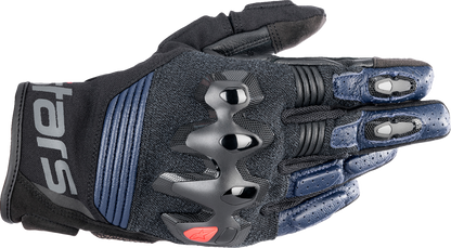 Alpinestars Halo motorcycle gloves in dark blue and black, medium size, showing the protective design and brand logo.