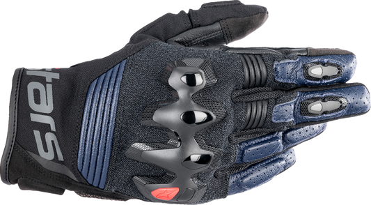 Alpinestars Halo gloves in dark blue and black, small size, showing the textured leather and protective knuckle design.