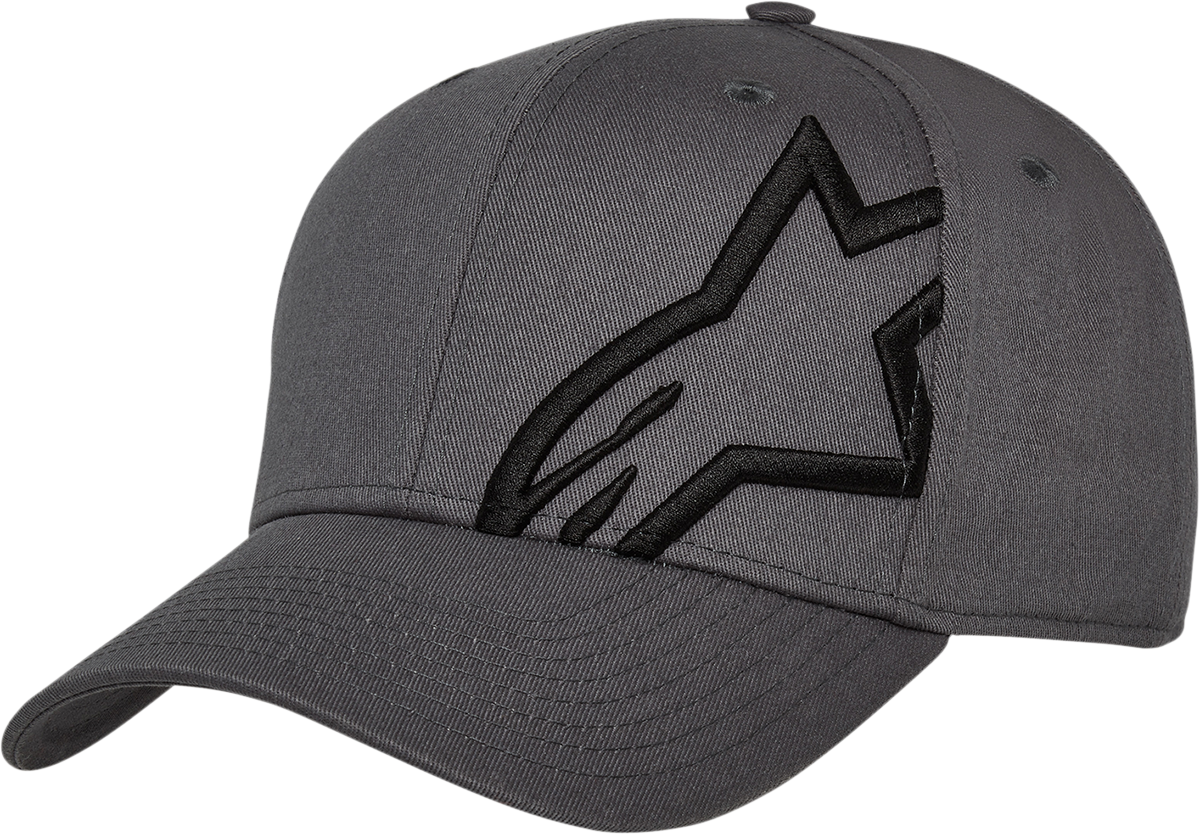 Charcoal and black Alpinstars Corp Snap 2 hat with curved brim and adjustable strap, casual style, one size fits most.