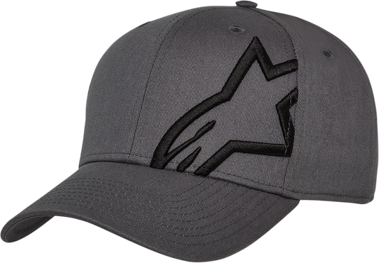 Charcoal and black Alpinstars Corp Snap 2 hat with curved brim and adjustable strap, casual style, one size fits most.
