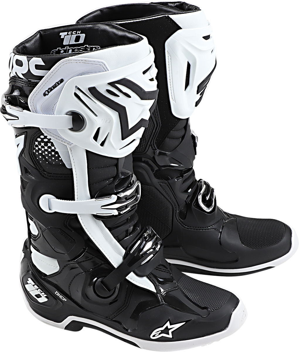 Alpinestars Tech 10 motorcycle boots in black and white, US size 14, with protective design and sturdy construction.
