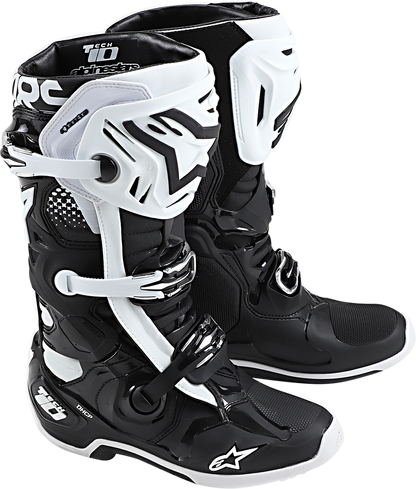 Alpinestars Tech 10 motorcycle boots in black and white, US size 14, with protective design and sturdy construction.