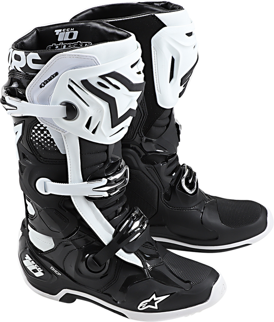Alpinestars Tech 10 motorcycle boots in black and white, US size 14, showcasing durable design and protective features.