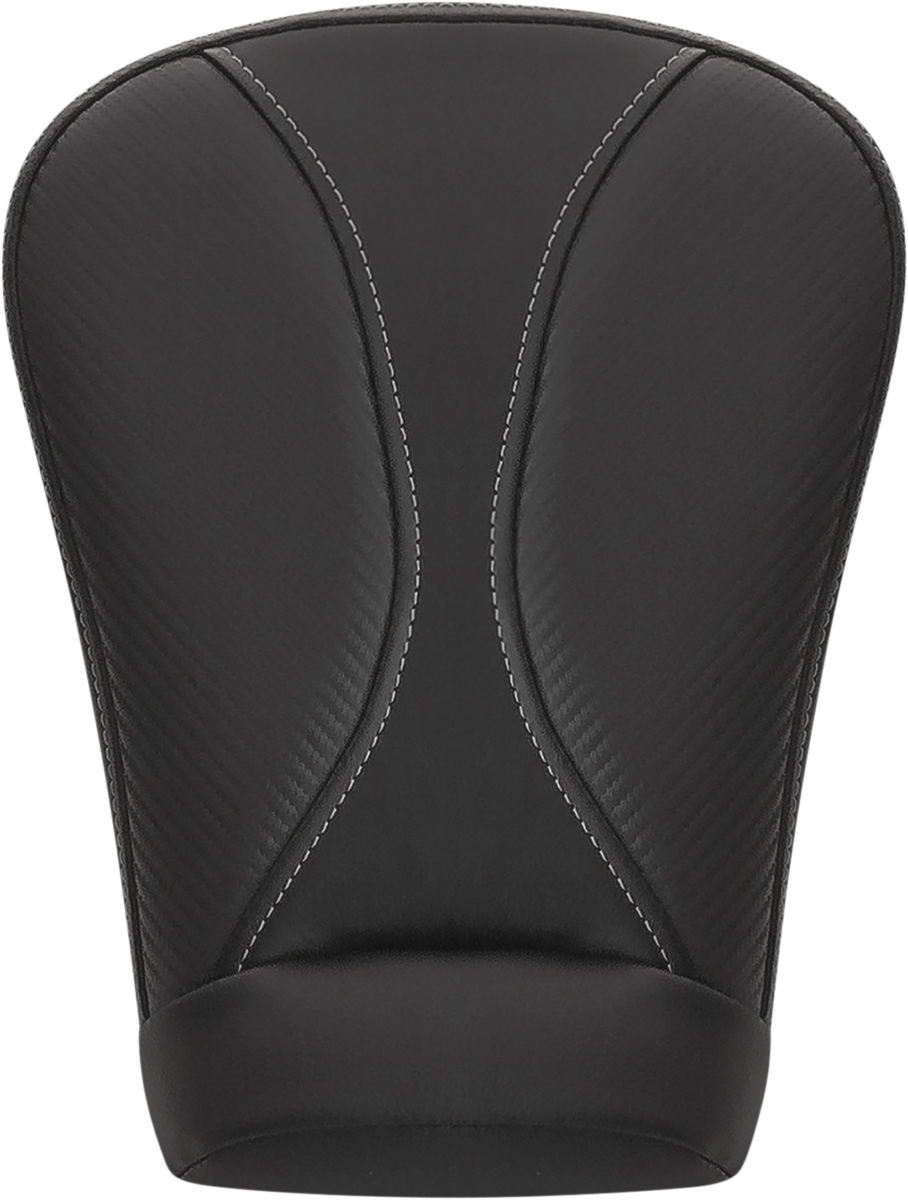 Black Saddlemens Dominator Pillion Pad with gray stitching for Harley FL models 2008-2023, extended reach seat, shown from top view.