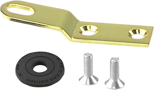 Gold SADDLEMEN seat bracket for seats, 1/4"-28 thread, shown in a close-up view with mounting details.