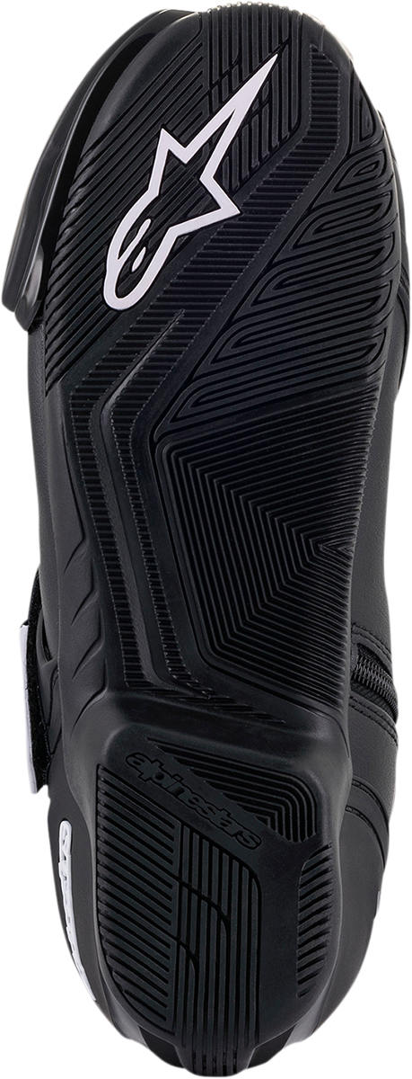 Alpinestars SMX-1 R v2 motorcycle racing boots in black and white, US size 8, EU size 42, with protective design and branding.
