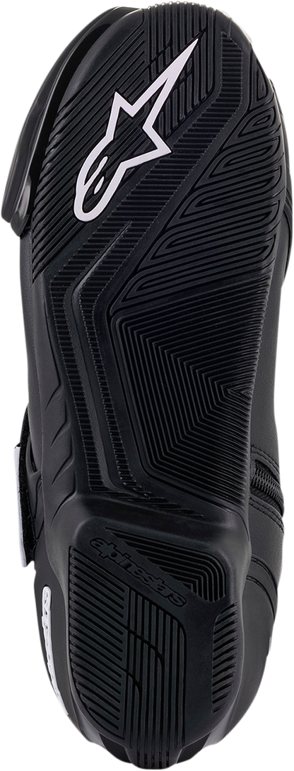 Alpinestars SMX-1 R v2 motorcycle racing boots in black and white, US size 8, EU size 42, with protective design and branding.
