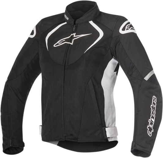 Black and white Alpinstars Stella T-Jaws waterproof motorcycle jacket in XL with logo details.
