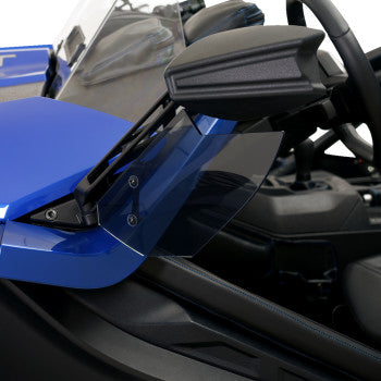 Bill's Exhausts Show Chrome Wind Deflector for Polaris Slingshot, mounted on vehicle, showcasing sleek chrome finish and aerodynamic design.