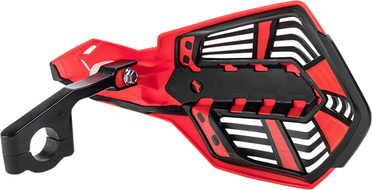 Acerbis X-Future red and black motorcycle handguards mounted on handlebars, designed for protection and style.