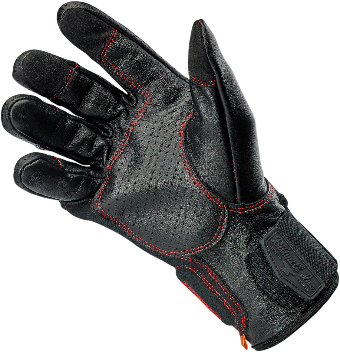 BILTWELL Borrego Redline gloves in XL size, featuring durable leather and red accents, designed for motorcycle riding comfort.