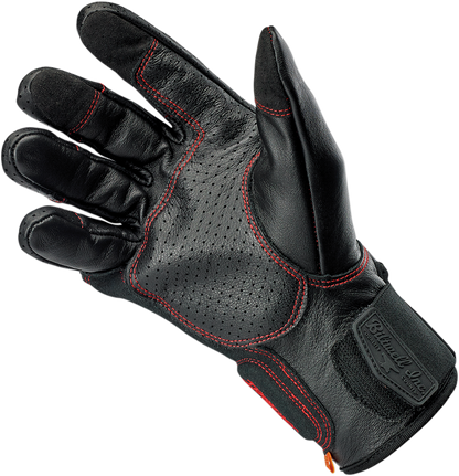 BILTWELL Borrego Redline gloves in XL size, featuring durable leather and red accents, designed for motorcycle riding comfort.