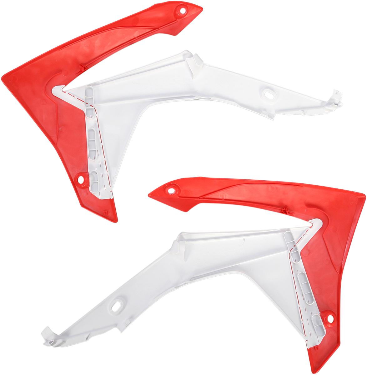 Acerbis white and red radiator shrouds for motocross bikes, with aerodynamic body design and bold color accents.