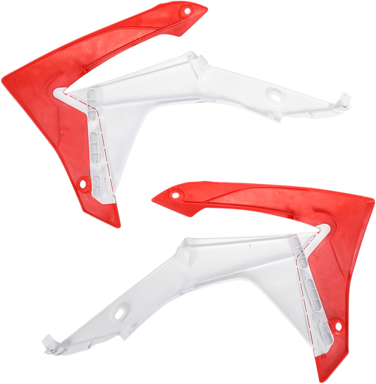 Acerbis white and red radiator shrouds for motocross bikes, with aerodynamic body design and bold color accents.