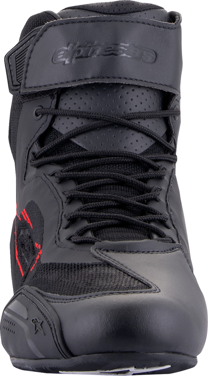 Alpinestars Faster-3 Rideknit® motorcycle shoes in black, gray, and red with US size 10, featuring breathable knit material and sporty design.