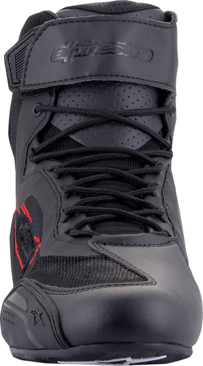 Alpinestars Faster-3 Rideknit® shoes in black, gray, and red with US 12.5 size, featuring sleek sporty design and breathable material.