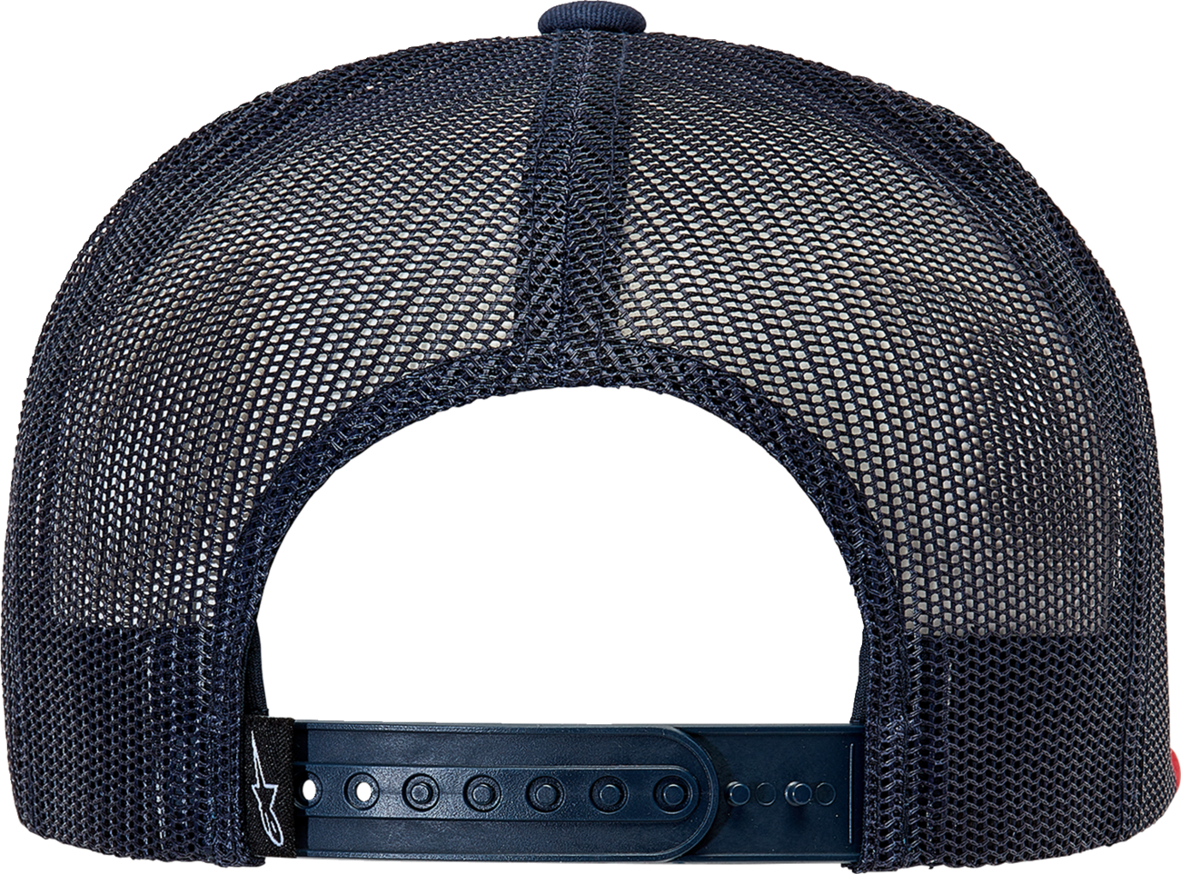 Bill's Exhausts Alpinstars Corp Trucker Hat in navy and red, featuring adjustable snapback and branded logo, front view.
