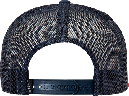 Bill's Exhausts Alpinstars Corp Trucker Hat in navy and red, featuring adjustable snapback and branded logo, front view.
