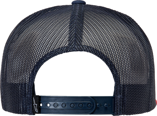 Bill's Exhausts Alpinstars Corp Trucker Hat in navy and red with mesh back, adjustable one size fits all, casual style.