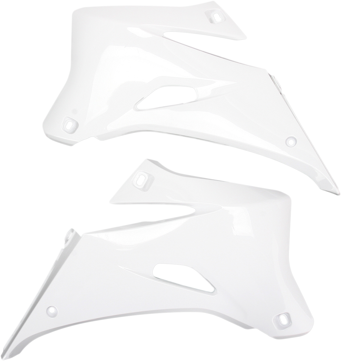 White Acerbis radiator shrouds for body protection, designed for motorcycle cooling systems, featuring durable construction and sleek style.
