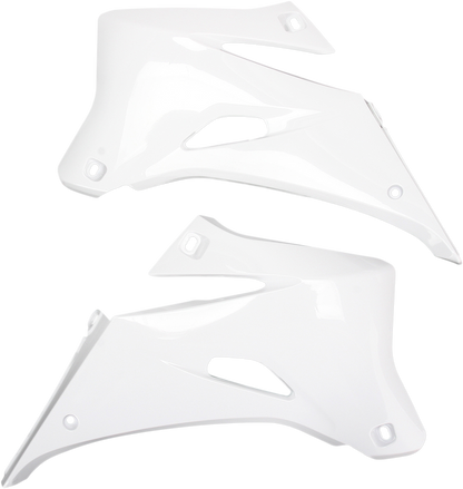 White Acerbis radiator shrouds for body protection, designed for motorcycle cooling systems, featuring durable construction and sleek style.