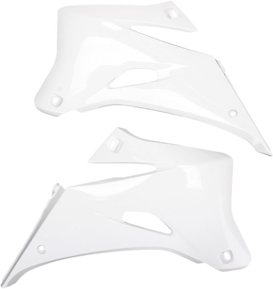 White Acerbis radiator shrouds for body protection, designed for motorcycle cooling systems, featuring durable construction and sleek style.