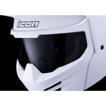 White ICON Elsinore™ helmet in large size, featuring sleek design and detailed graphics, ideal for motorcycle riding.