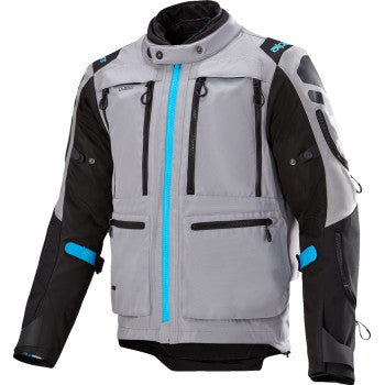 Alpinestars Ardent 3-in-1 adventure touring jacket in gray, black, and blue, 4XL, with multiple layers and protective features.