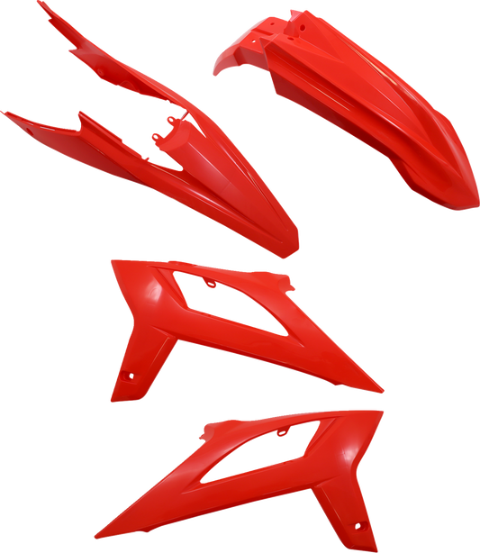 A red ACERBIS standard replacement body kit for motorcycle, showing the sleek, aerodynamic body panels with the brand's logo.