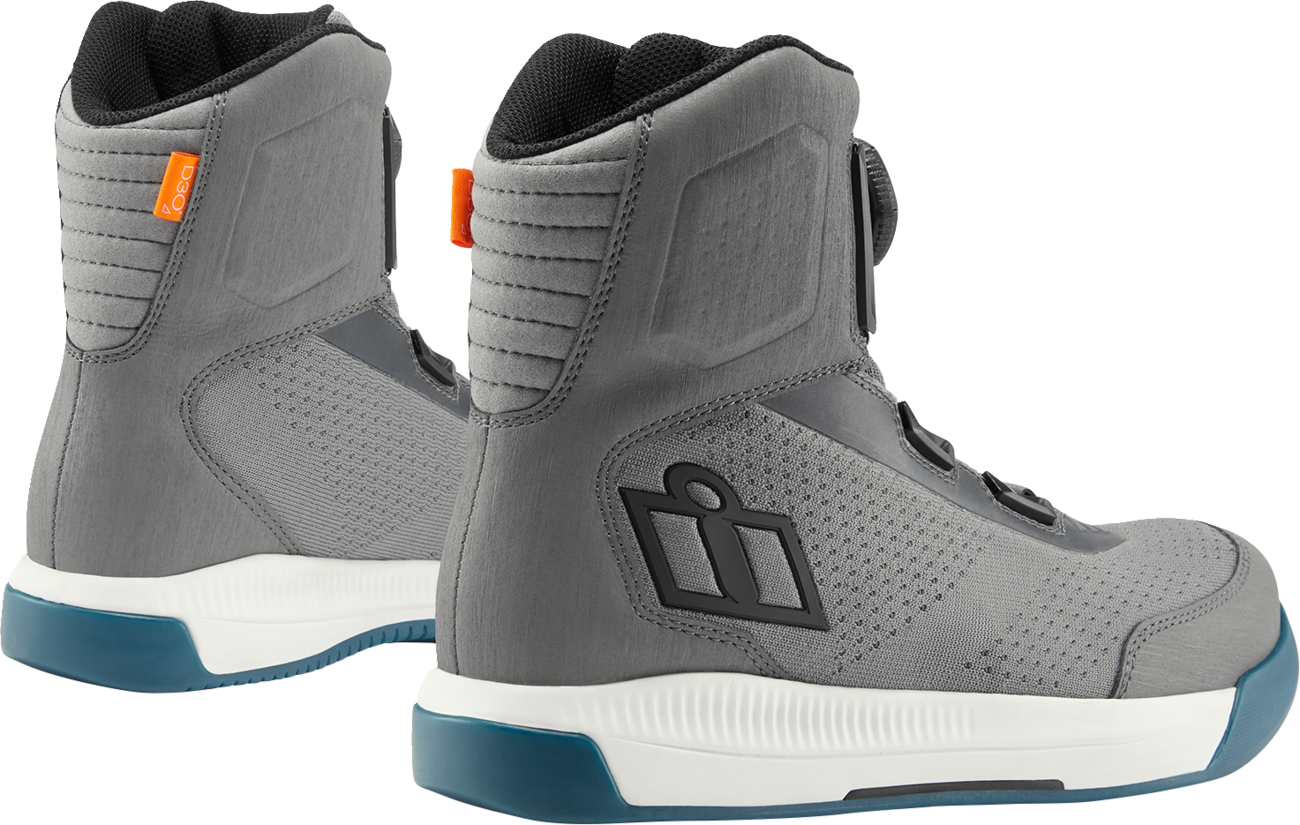 Gray ICON Overlord™ Vented CE Boots by Bill's Exhausts, size 9, featuring durable construction and vented design for safety and comfort.