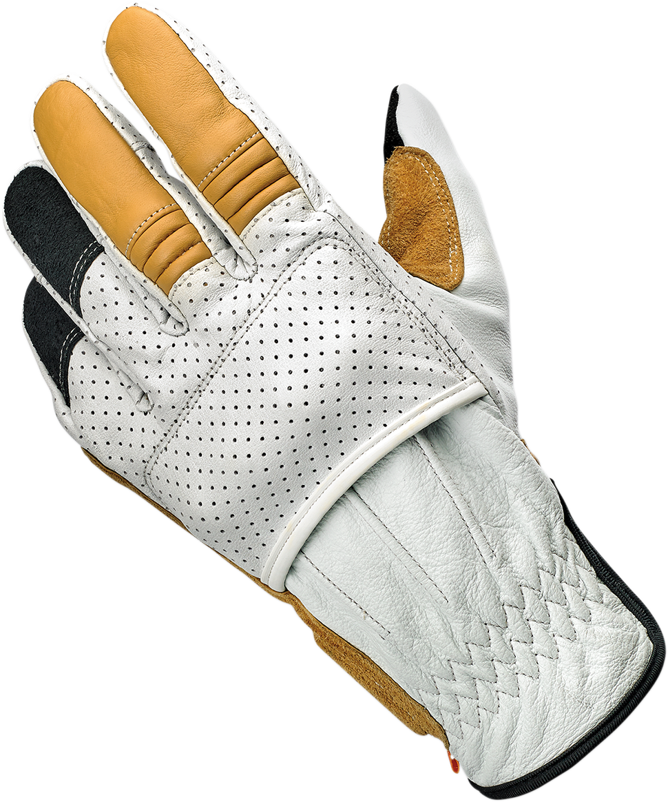 BILTWELL Borrego gloves in cement color, XL size, made by Bill's Exhausts, showing the rugged leather gloves with reinforced stitching.