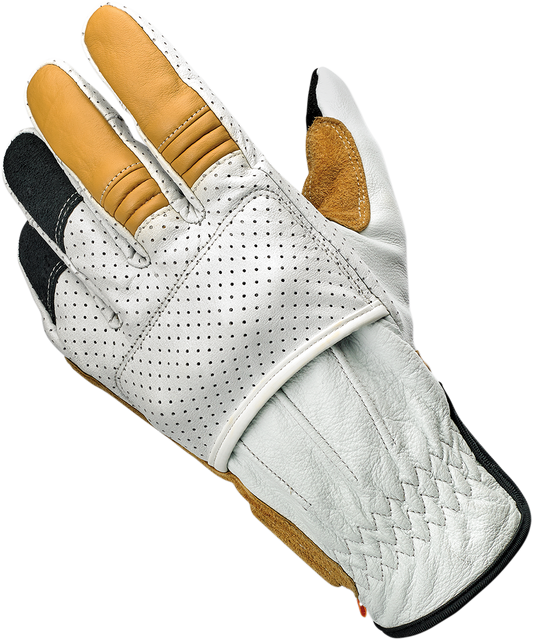 BILTWELL Borrego gloves in cement color, XL size, made by Bill's Exhausts, showing the rugged leather gloves with reinforced stitching.