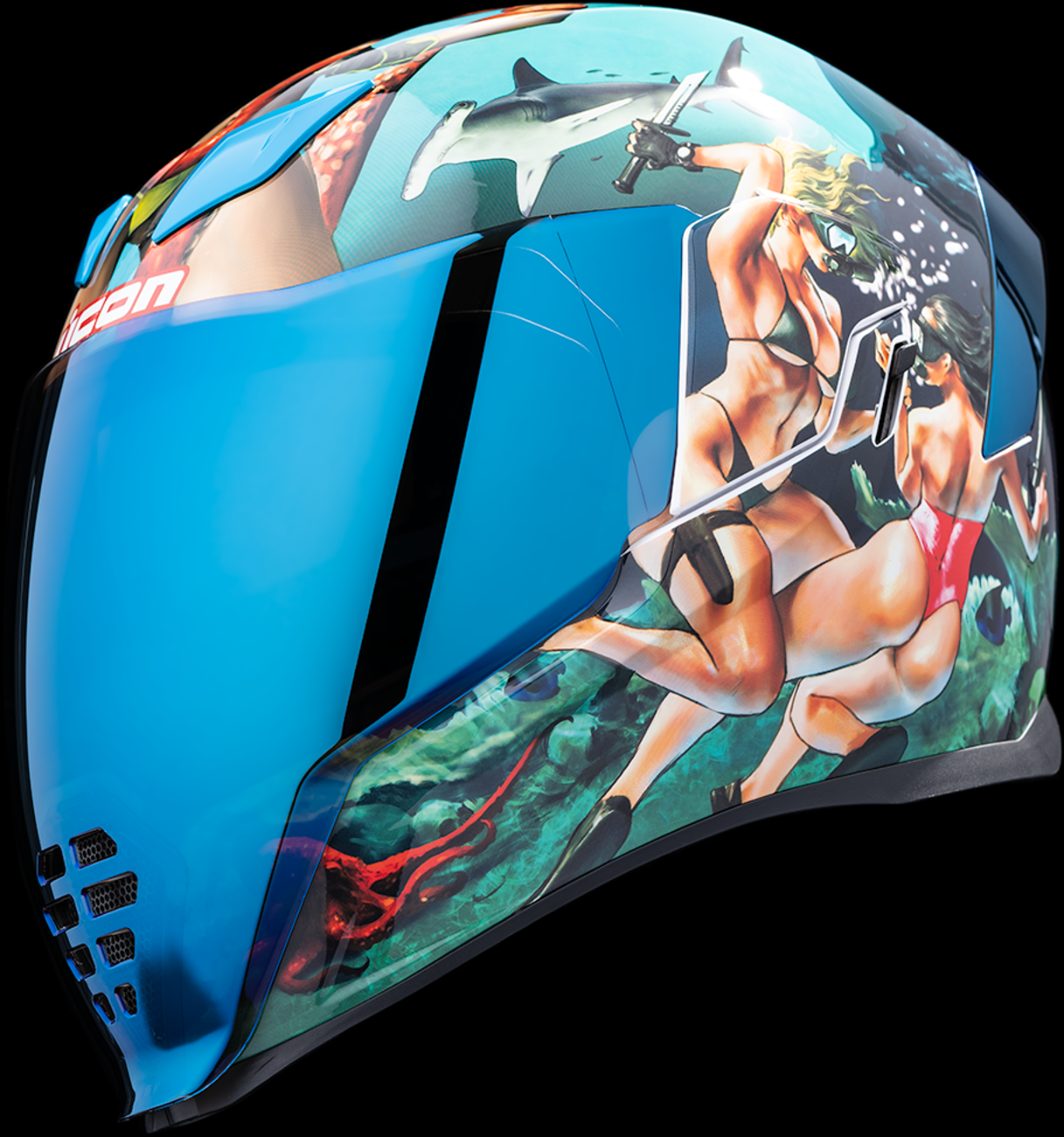 Blue ICON Airflite™ helmet with Pleasuredome4 design, XS size, showing the helmet's sleek aerodynamic shape and detailed graphics.