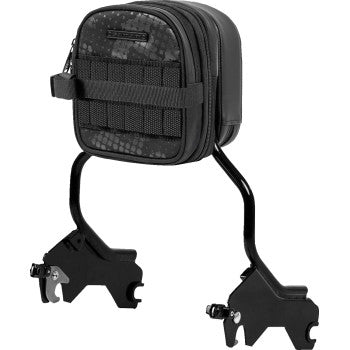 Black Saddlemen Fundamentals Sissy Bar Bag mounted on a motorcycle seat, designed for secure storage and stylish riding.
