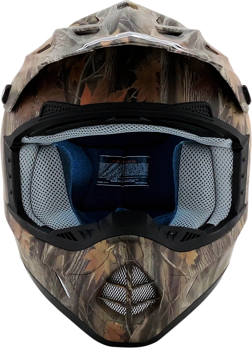 Bill's Exhausts AFX FX-17 helmet in camo design, XS size, featuring a secure chin strap and aerodynamic shape.
