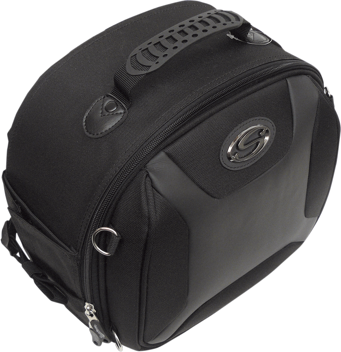 Bill's Exhausts SADDLEMEN FTB1000 Sport Sissy Bar Bag secured on motorcycle seat for storage.
