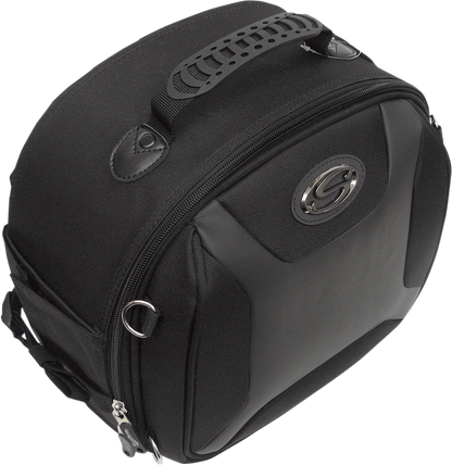 Bill's Exhausts SADDLEMEN FTB1000 Sport Sissy Bar Bag secured on motorcycle seat for storage.