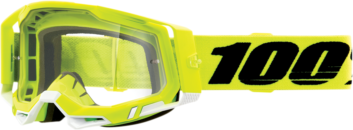 Bill's Exhausts Racecraft 2 goggles in fluo yellow with clear lenses, featuring adjustable straps and a sporty design.