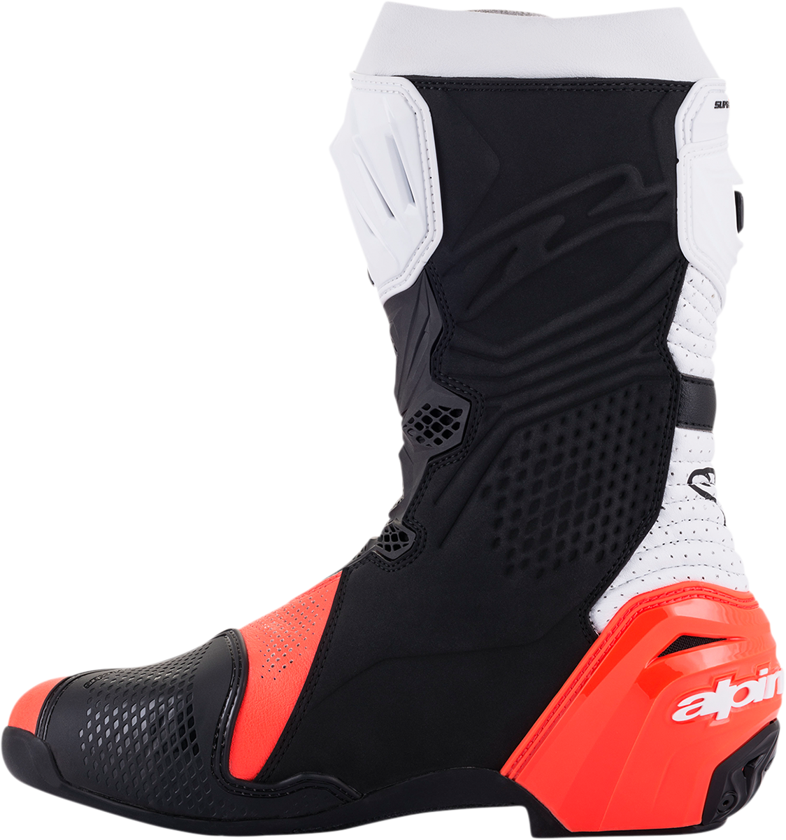 Alpinestars Supertech V motorcycle racing boots in black, fluo red, and white, US size 6, EU 39, with reinforced ankle protection.