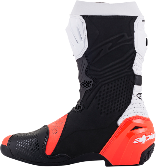 Alpinestars Supertech V motorcycle racing boots in black, fluo red, and white, US size 6, EU 39, with reinforced ankle protection.