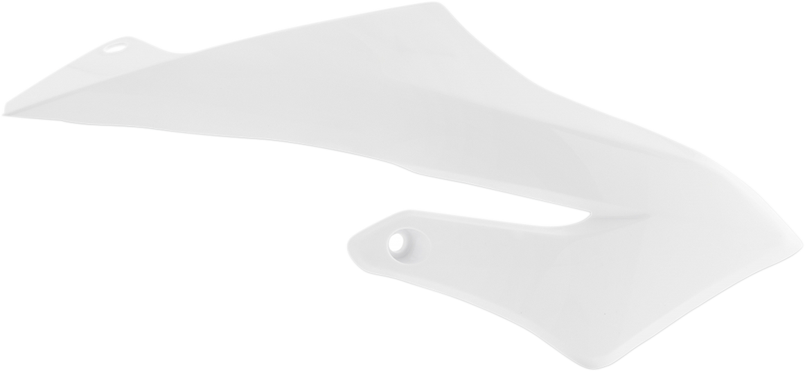 A set of white ACERBIS radiator shrouds for motorcycle body, featuring sleek design and mounting points, branded by Bill's Exhausts.