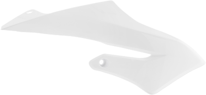 A set of white ACERBIS radiator shrouds for motorcycle body, featuring sleek design and mounting points, branded by Bill's Exhausts.