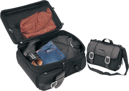 Bill's Exhausts SADDLEMEN S3200DE Deluxe Sissy Bar Bag seat with durable fabric and secure straps, designed for motorcycle sissy bars.